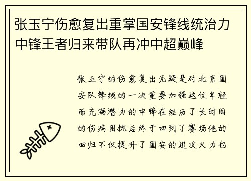 张玉宁伤愈复出重掌国安锋线统治力中锋王者归来带队再冲中超巅峰 张玉宁伤愈复出重掌国安锋线统治力中锋王者归来带队再冲中超巅峰