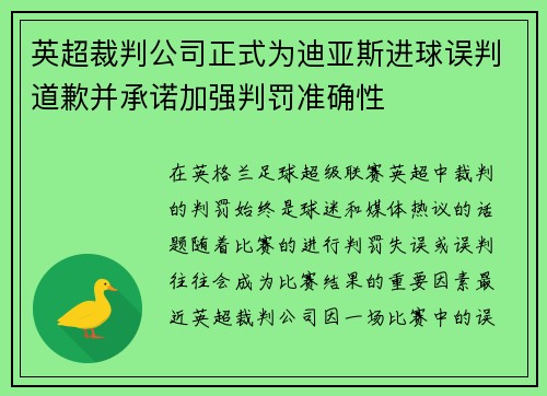 英超裁判公司正式为迪亚斯进球误判道歉并承诺加强判罚准确性